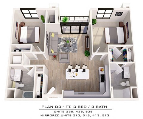 Floor plan for 2 beds, 2 baths, 1018 sqft